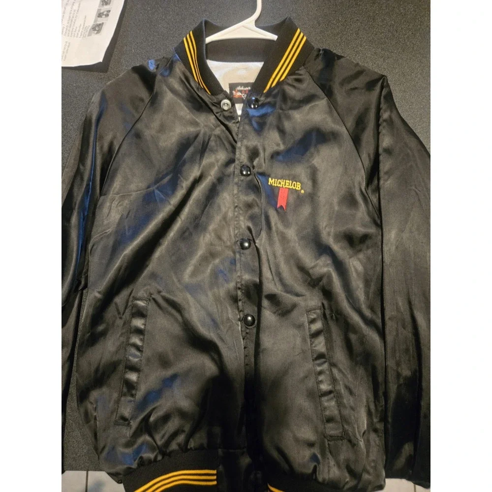 Vintage Michelob Satin Jacket USA Made A&E Eagle Black Snap Front Bomber L